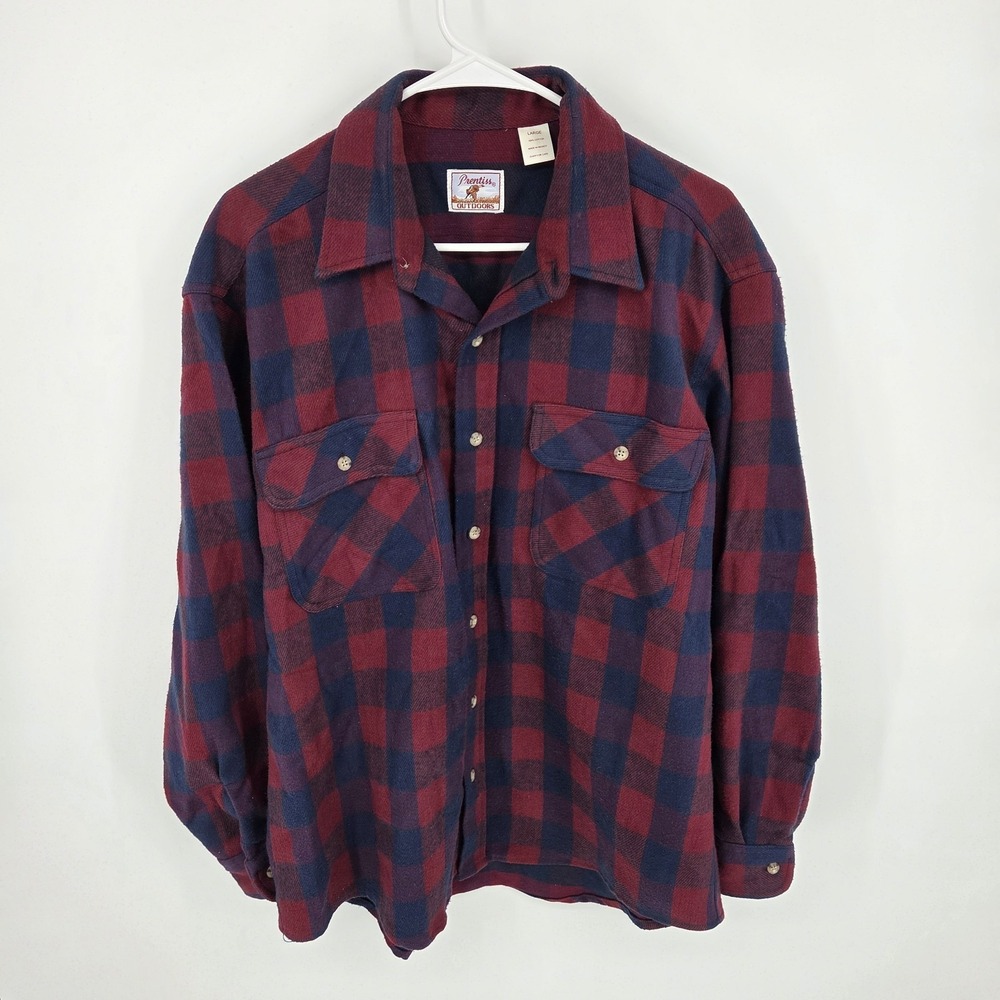 Vintage Prentiss Outdoors Flannel Shirt Men's Large Red Blue Plaid Heavyweight